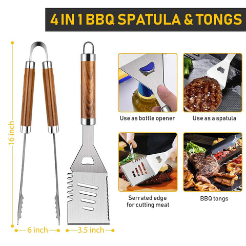 4 in 1 BBQ spatula and tongs, part of the 34Pcs Grill Accessories Set for Grilling Enthusiasts, Heavy Duty 16 Inch Stainless Steel BBQ Tools