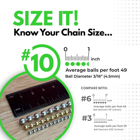 Size chart comparison for Beaded Ball Chain 4.5mm Nickel Plated Steel with ruler for scale, highlighting size and dimensions.