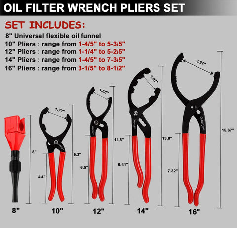 Beefed Up Adjustable Oil Filter Pliers Set With 10, 12, 14, And 16 Inch Pliers, Includes Small Oil Funnel, Measurement Details