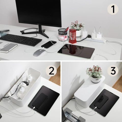 Two Pack Cable Management Box For Home And Office, Pet Safe Cord Organizer on desk, wire hider and power strip protector in use.