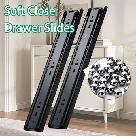10 Inch Side Mount Soft Close Drawer Slides With Anti Rust Coating And Ultra Smooth Glide, Beefy Heavy Duty Ball Bearing Tracks For Kitchen Cabinets And Dressers, Easy Install, Quiet Operation, Durable Construction, black metal pair with ball bearings
