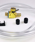 Beefy Oil Drain Valve Kit With Heavy Duty 3 Foot Stainless Steel Hose M12-1.25 Thread 3/8 Inch ID X 9/16 Inch OD Tubing LC10 Safety Clip Vinyl Caps Quick Drain F133N For Easy Vehicle Maintenance displayed with components