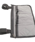 Close-up of gray Bed Rail Organizer With 4 Pockets And Cup Holder, Universal Bedside Caddy in gray with dark trim on white background.