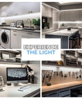 Hand Wave Activated Under Cabinet LED Lighting Kit 3 Pack 12 Inch Dimmable Touchless Dimming White Under Counter Lights For Kitchen Garage Office Desk Cool White 6000K in various kitchen and workspace installations.