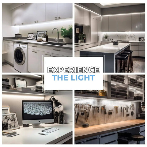 Hand Wave Activated Under Cabinet LED Lighting Kit 3 Pack 12 Inch Dimmable Touchless Dimming White Under Counter Lights For Kitchen Garage Office Desk Cool White 6000K in various kitchen and workspace installations.