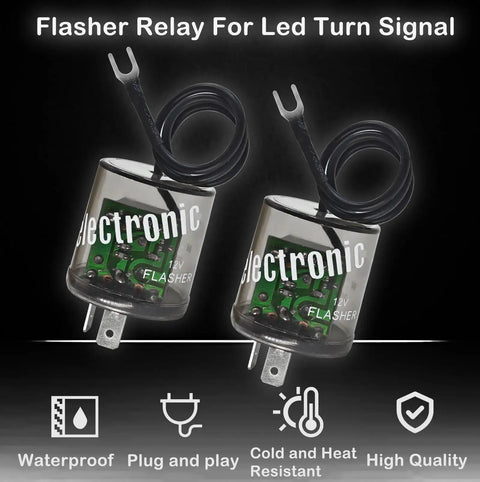 Front view of 12V LED Flasher Relay Pack Of 2 2 Pin Heavy Duty Turn Signal Relay With Ground Wire For Cars And Motorcycles Waterproof Construction