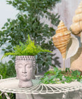 Chill Buddha Head Planter with Stone Look Finish Face Planter Garden Statue, ideal for succulents, on decorative table