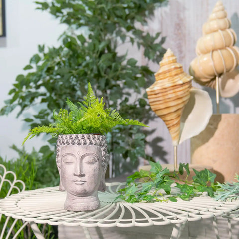 Chill Buddha Head Planter with Stone Look Finish Face Planter Garden Statue, ideal for succulents, on decorative table