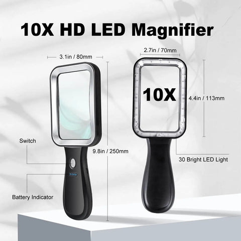 10X Lighted Magnifier With Rechargeable Battery, 3 Color Modes, Handy Rectangular Lens For Seniors And Low Vision, Great For Reading Fine Print, Jewelry, Crafts, Inspections, And Close Work, showing front and side views with dimensions.