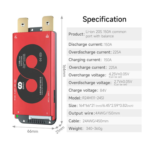 Pro Grade Heavy Duty Smart Battery Management System With Bluetooth Sync For Li Ion Power Packs 20S 72V 150A, dimensions visible.