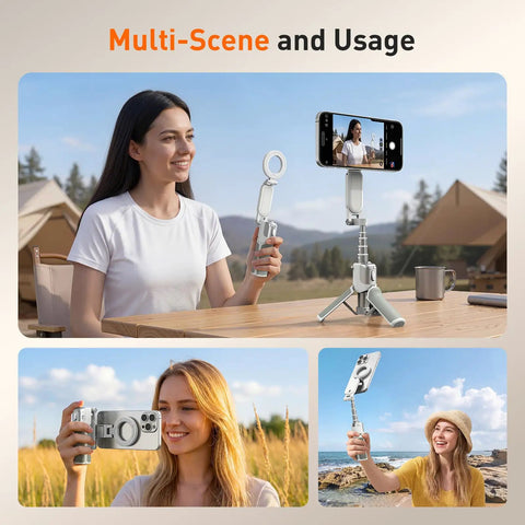 People using Phone Camera Grip With Selfie Stick Tripod Magnetic Mount And Detachable Wireless Shutter Button for photos outdoors.