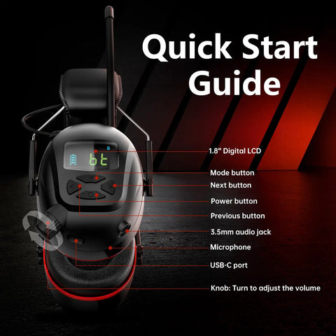 All In One Wireless Hearing Protection Headphones With Bluetooth 6.0 AM FM Radio Digital Display 30 SNR Noise Reduction Earmuffs Rechargeable 2000 mAh Battery For Lawn Mowing And Outdoor Work with digital display and buttons