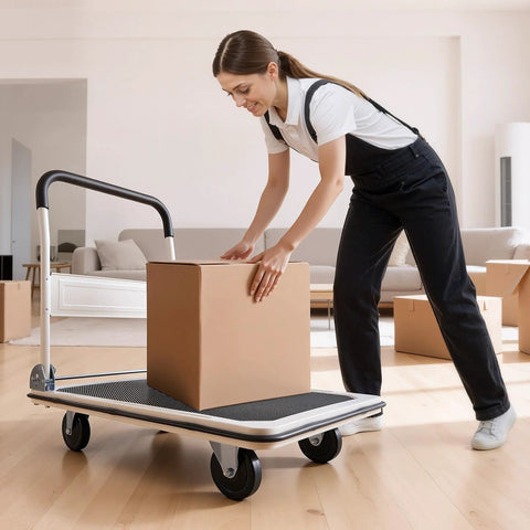 Person using Foldable Push Cart Dolly With 660 Pound Capacity And Swivel Wheels to move a box in a living room setting