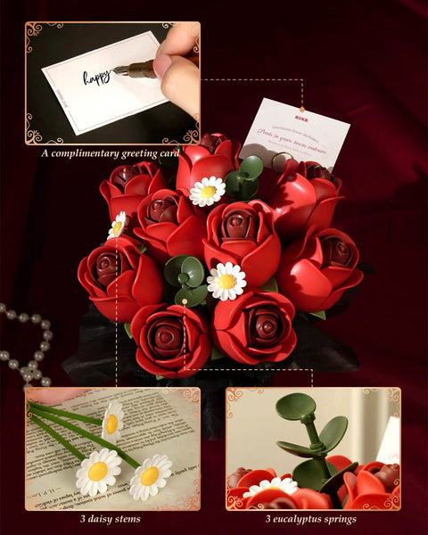 3D Puzzles DIY Flower Kit Burgundy Rose Bouquet With White Daisies And Eucalyptus Snap Together For Realistic Forever Fresh Home Decor Dope Gift Box Set, red rose bouquet