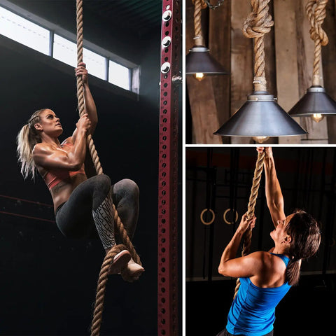 Heavy Duty 4 Strand Manila Rope 1.5 Inch Thick 100 Feet Natural Hemp Rope for exercise, décor, and climbing use in gym and home.