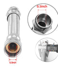 Stainless steel braided garden hose extension, 9.5 inches long, 1/2-inch inner bore with threaded fittings.