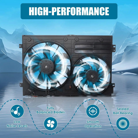 Premium Engine Radiator Cooling Fan Assembly Fits Audi A3 VW Jetta GTI Passat Beetle Tiguan with dual fans for effective cooling.