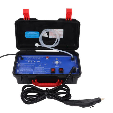 Heavy Duty Home Steam Cleaner With Stainless Steel And ABS Build 120C High Temp 3.5Bar Steam In 20 Seconds 1700W US Plug 110V Integrated Tool Box 1.2m Inlet Hose Portable Handle For Quick Easy Deep Cleaning open toolbox with hoses and controls.