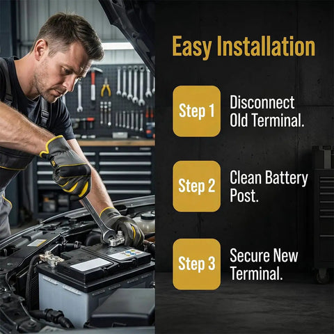 Step-by-step installation guide for Built Tough Zinc Alloy Car Positive Battery Terminal Connector on a car battery.