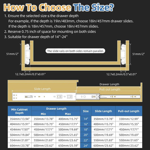 Diagram showing dimensions and guidelines for choosing 165 Lb Capacity Soft Close Drawer Slides Side Mount Full Extension Ball Bearing
