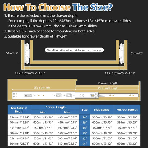 Soft Close Drawer Slides Pair For 14 To 22 Inch Drawers, Side Mount Full Extension Ball Bearing Heavy Duty Glides, 165 Lb Capacity, Quiet Cabinet Rails For Home Office RV Tool Box And Workshop, Easy Install And Smooth Operation size chart showing drawer depth and slide length