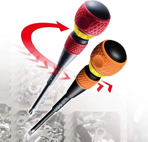 Ball Grip Magnetic Ratchet Screwdriver With Ergonomic Handle, 3.9 Inch Shaft, Fatigue-Reducing Design, shown with interchangeable blades