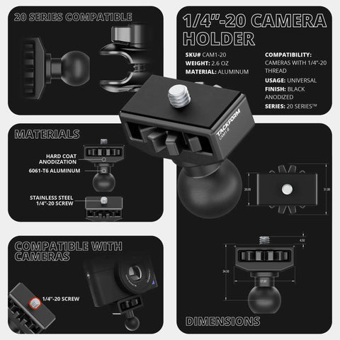 All Metal Camera Mount With 20mm Ball And 1 4-20 Screw Quick Tightening Ring No Tools Needed CNC 6061-T6 Billet Aluminum overview