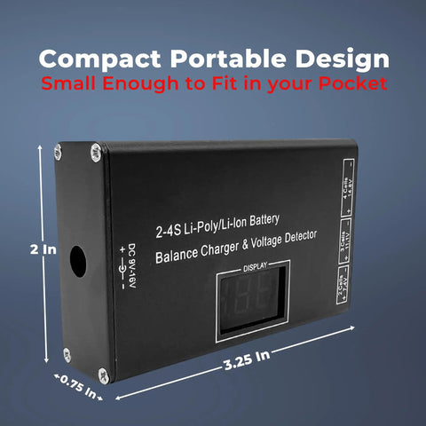 Versatile LiPo Balance Charger with Wireless Voltage Meter for 7.4V 11.1V and 14.8V Batteries, black compact design.