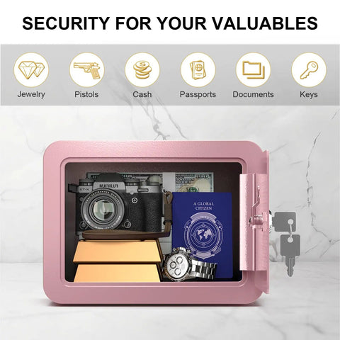 Pink home safe box for kids and money, compact lock box with key, storing valuables and documents, open view, marble background