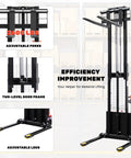 Heavy Duty Electric Pallet Stacker With 2640 Lbs Load Capacity And Adjustable Forks showcasing adjustable forks, two-level frame, and base.