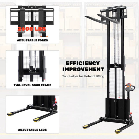 Heavy Duty Electric Pallet Stacker With 2640 Lbs Load Capacity And Adjustable Forks showcasing adjustable forks, two-level frame, and base.