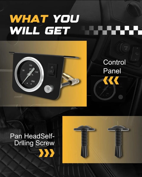 Air Gauge Control Kit With Paddle And Air Fittings For Air Bag Suspension, 0-200 PSI Range, In Cabin Button Control, screws