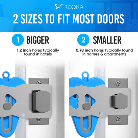 Portable Door Lock Security For Inside Use No Tool Install Ideal For Hotels Airbnbs Dorms And Travel Bedroom Privacy Lock Latch Stopper For Doors Blue Sturdy Metal Construction Keeps Room Safe And Private showing two sizes for doorholes.