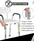 Adjustable Shower Chair With Back And Arms Free Suction Grab Bar Anti Slip Bathtub Seat For Inside Shower Ultimate Bath Safety And Comfort For Elderly And Disabled, showing assembly detail and features list.