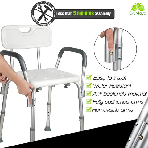 Adjustable Shower Chair With Back And Arms Free Suction Grab Bar Anti Slip Bathtub Seat For Inside Shower Ultimate Bath Safety And Comfort For Elderly And Disabled, showing assembly detail and features list.