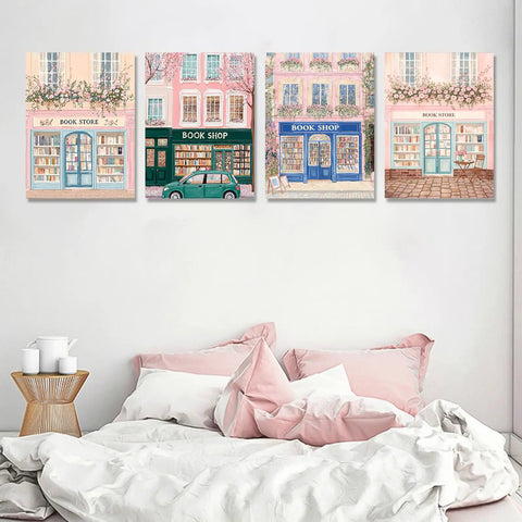4 Pack Bookstore Diamond Art Kits For Adults, 5D Diamond Painting Sets Pink Book Shop For Beginners, wall decor over bed