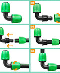 Diagram showing assembly of Half Inch Drip Irrigation Fittings 12 Pack Barbed 90 Degree Elbows With Locked Nuts For Anti Drop Connection