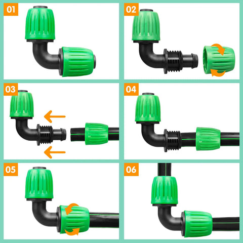 Diagram showing assembly of Half Inch Drip Irrigation Fittings 12 Pack Barbed 90 Degree Elbows With Locked Nuts For Anti Drop Connection