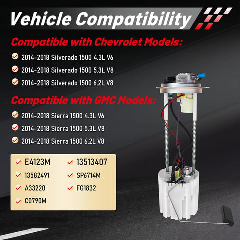 Electric Fuel Pump Module Assembly for Chevrolet Silverado 1500 and GMC Sierra 1500, 2014 to 2018, shown with compatibility chart