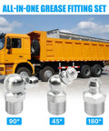 220 Piece Grease Fitting Kit For Metric And SAE Zerk Fittings With truck background and 90 45 and 180 degree fittings
