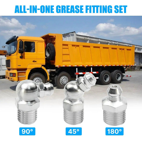 220 Piece Grease Fitting Kit For Metric And SAE Zerk Fittings With truck background and 90 45 and 180 degree fittings
