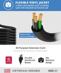 Black 50 Ft Outdoor Extension Cord 16 Gauge 3 Conductor Workhorse Quality Three Prong Weatherproof Heavy Duty Vinyl Jacket