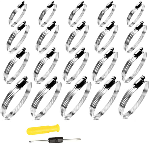 20 Pcs 304 Stainless Steel Adjustable 44-108mm Range Worm Gear Hose Clamps Assortment Kit For 2 Inch, 3 Inch, 4 Inch Fuel Line Dryer Vent Hose Silver Heavy Duty with tools