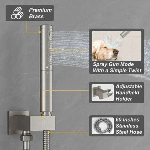 12 Inch Rain Shower Head System With 2 In 1 Handheld Shower And Wall Mount High Pressure Chrome Shower Fixture Kit with brass sprayer and stainless steel hose.