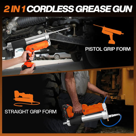 Cordless Electric Grease Gun Kit With Dual 2.0Ah Batteries And Bright LED Light in pistol and straight grip forms