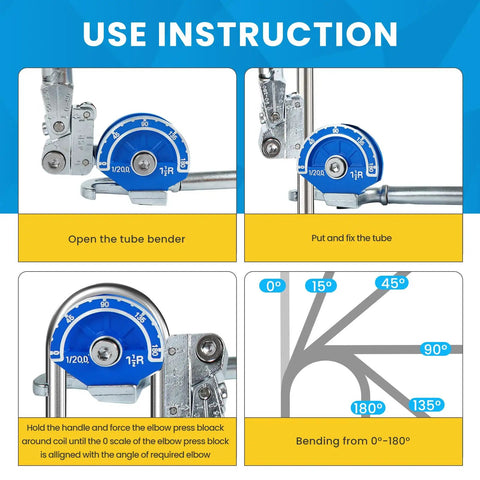 Use instructions for Heavy Duty 1/2 Inch Tubing Bender With 180 Degree Angle For Precise Bending On Copper Brass Aluminum And Stainless Steel Pipes Up To 2mm Wall Thickness.