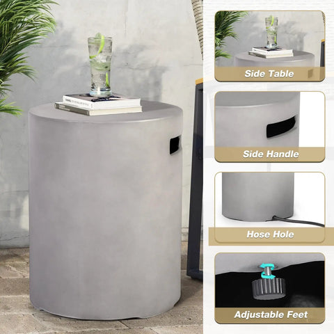 Outdoor Propane Fire Pit Table Set With Tank Cover For Backyard Hangouts And Patios, round concrete tank cover side table