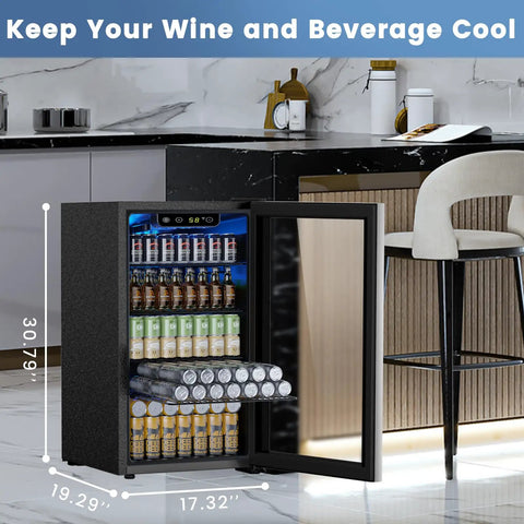 Open 3.2 Cu Ft Beverage Refrigerator With Adjustable Temperature Control, 130 Can Capacity For Soda Beer And Wine, Energy Efficient Quiet Operation, Interior LED Light, Party Ready Home Office Mini Fridge Black showing beverage storage.