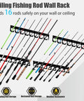 Ceiling Mounted Fishing Rod Rack Holder With Soft Protective Pad, Heavy Duty Steel Storage Organizer For Garage Or Basement, Holds Up To 16 Rods, displayed with rods.