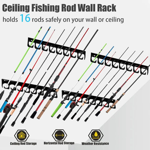 Ceiling Mounted Fishing Rod Rack Holder With Soft Protective Pad, Heavy Duty Steel Storage Organizer For Garage Or Basement, Holds Up To 16 Rods, displayed with rods.